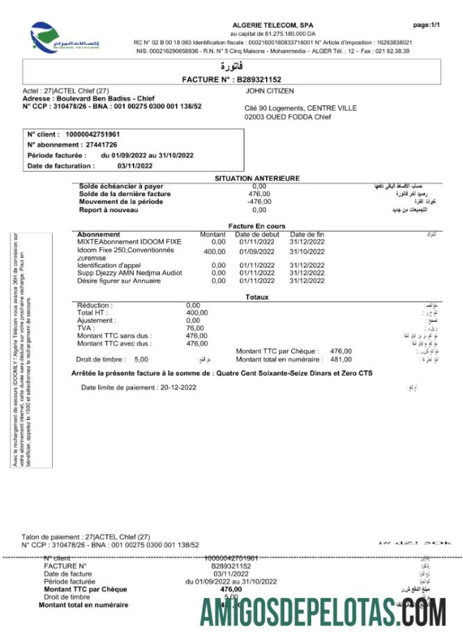 Em branco Argélia Algerie Telecom Utility Bill Word e modelo PDF